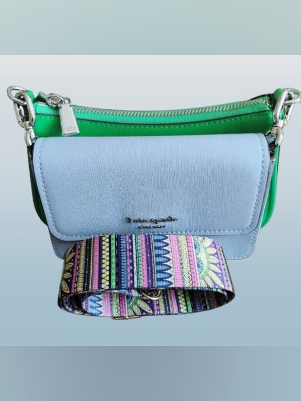 4FER Kate Spade Double Crossbody NEW - Light Blue & Green Leather w/SHW